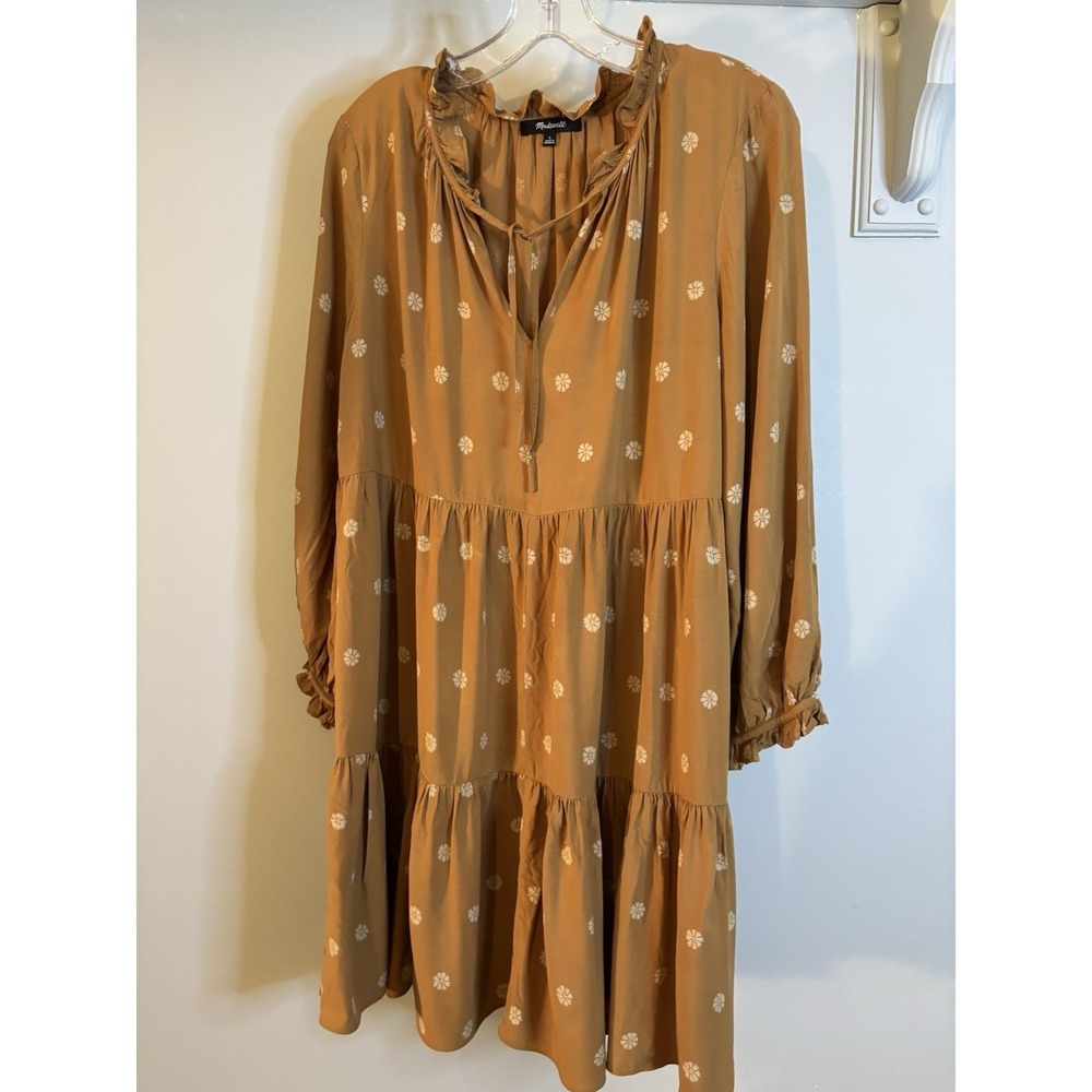 MADEWELL Mustard Gold Brown Tiered Dress L Ruffle Trim Tradwife Prairie